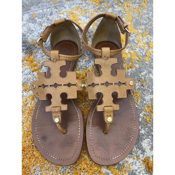 Tory Burch Women’s Sandals Ankle Strap Logo Brown 7.5M EUC Leather - Picture 6 of 9